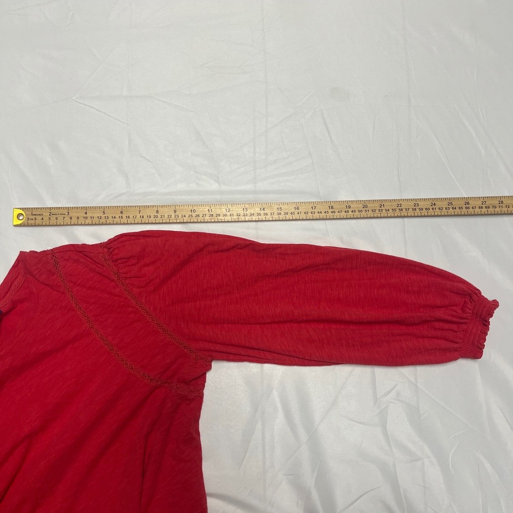 Democracy Womens Red Slub Knit Crochet Lace Trim Puff Sleeve Top Size L - Picture 4 of 6